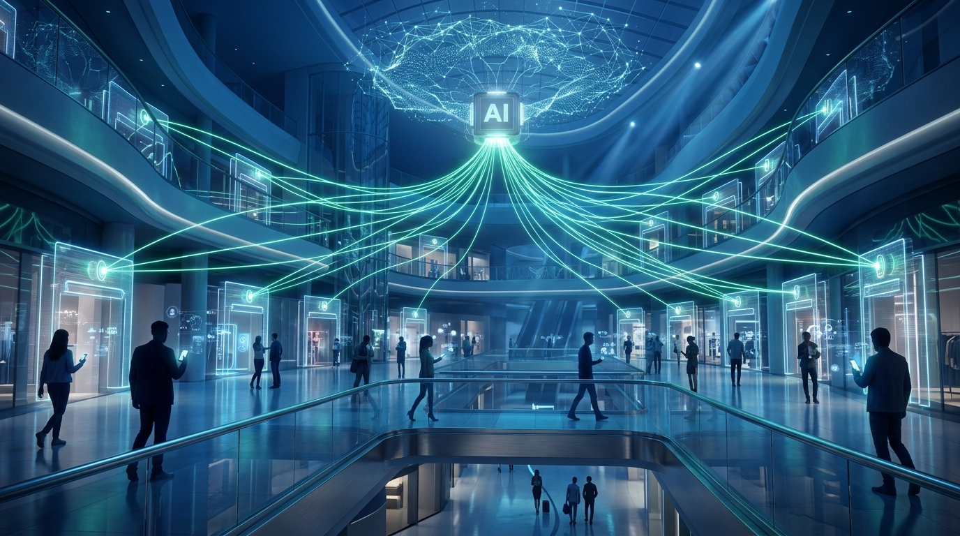 تصویر اتصال فروشگاه‌های یک مرکز تجاری در اکوسیستم دیجیتال Nexagram